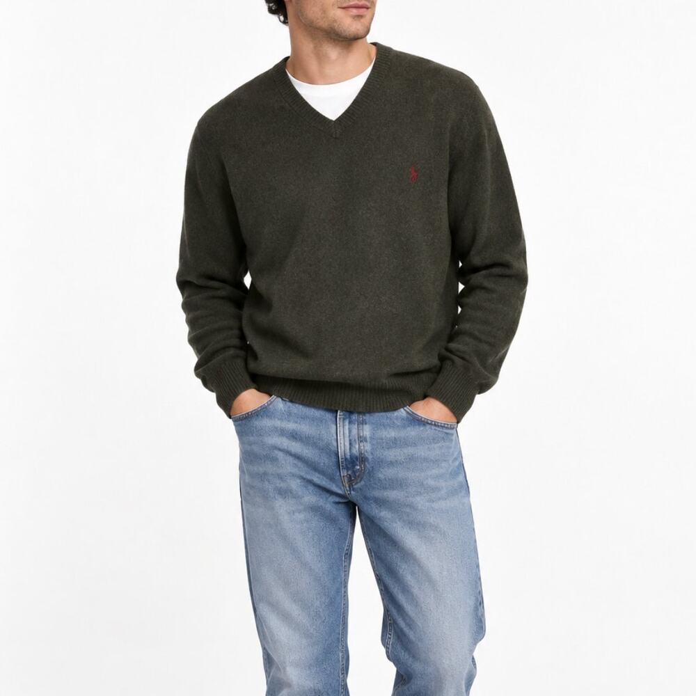 Polo Ralph Lauren Men's Olive Green Lambswool V-Neck Sweater XL Wool V-Neck